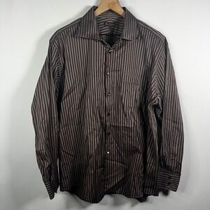 Ben Sherman Men 17.5 34/35 Long Sleeve Button Down‎ Shirt Brown Cream Striped